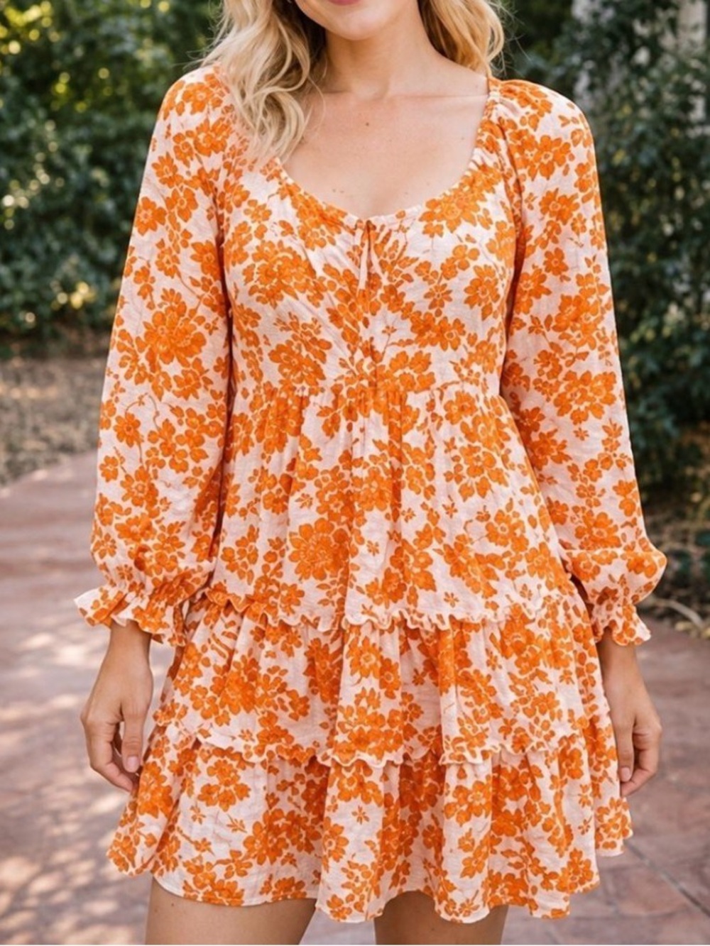 Crystal Doll Orange Floral Tiered Ruffle Mini Dress XS